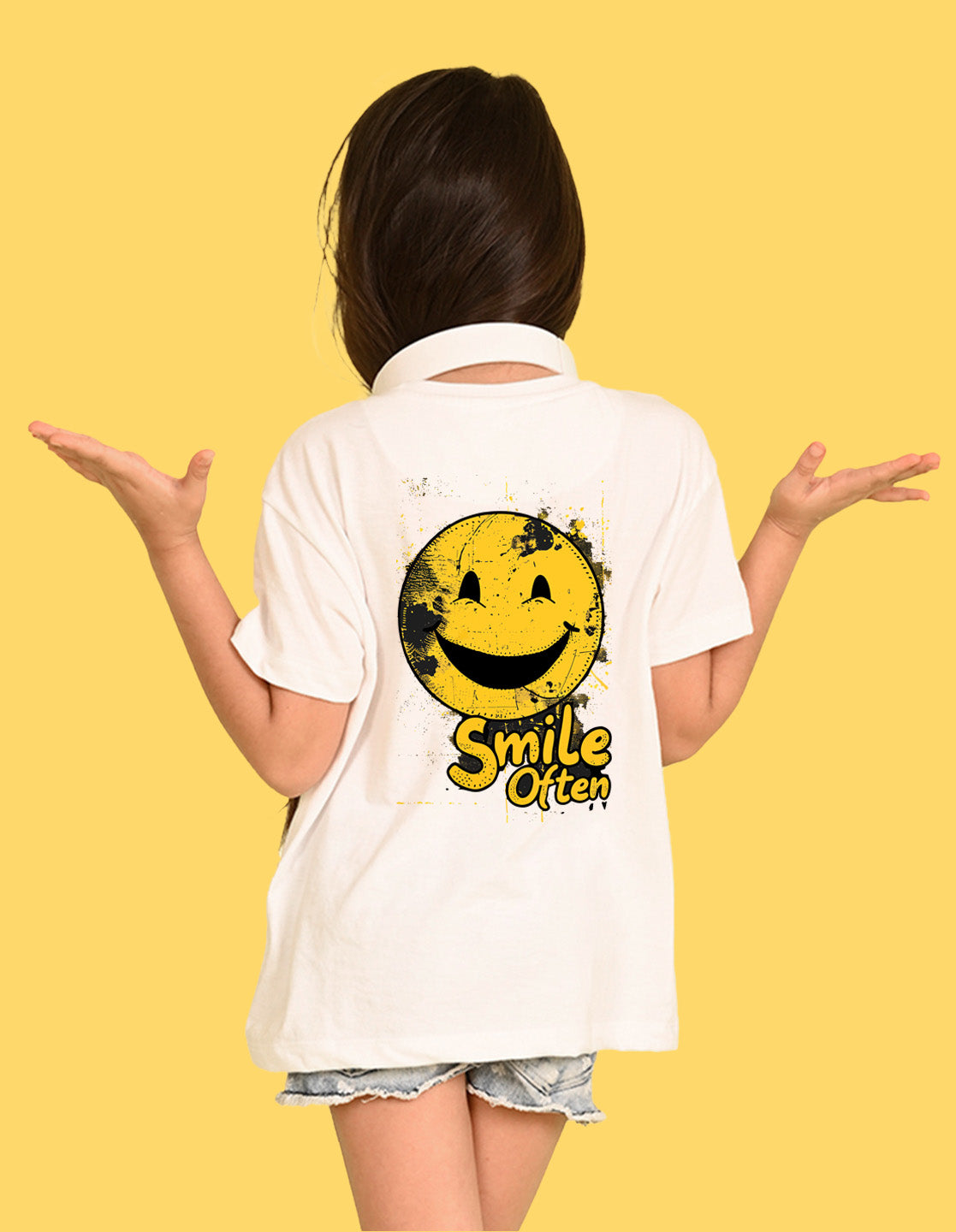 Nusyl Girl's White Smiley Face Printed Cotton blend Half Sleeve Drop Shoulder Oversized T-Shirt