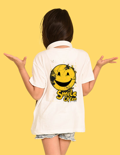 Nusyl Girl's White Smiley Face Printed Cotton blend Half Sleeve Drop Shoulder Oversized T-Shirt