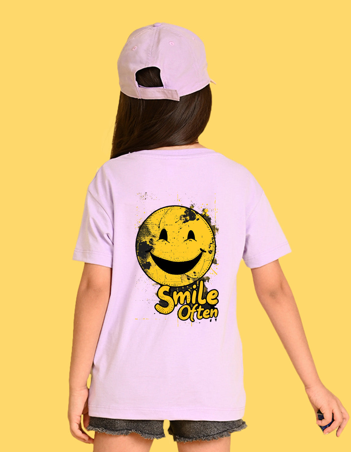 Nusyl Girl's Lilac Smiley Face Printed Cotton blend Half Sleeve Drop Shoulder Oversized T-Shirt