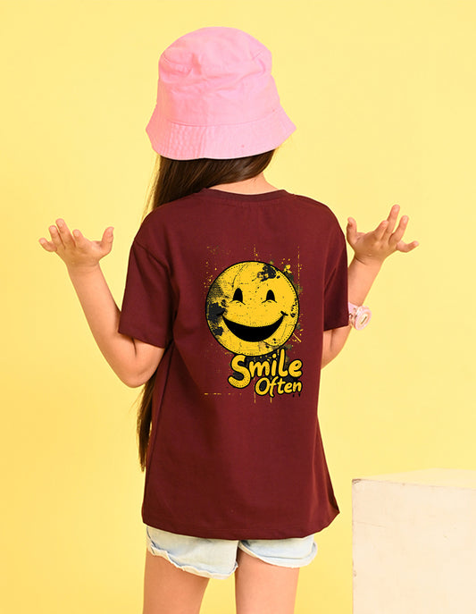 Nusyl Girl's Wine Smiley Face Printed Cotton blend Half Sleeve Drop Shoulder Oversized T-Shirt