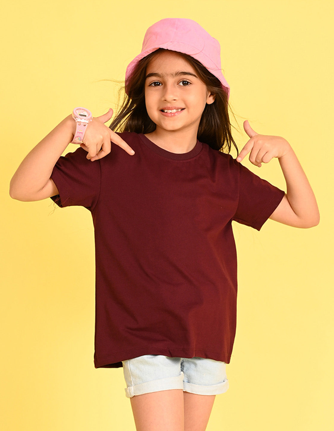 Nusyl Girl's Wine Smiley Face Printed Cotton blend Half Sleeve Drop Shoulder Oversized T-Shirt