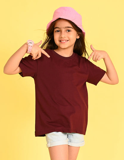 Nusyl Girl's Wine Smiley Face Printed Cotton blend Half Sleeve Drop Shoulder Oversized T-Shirt