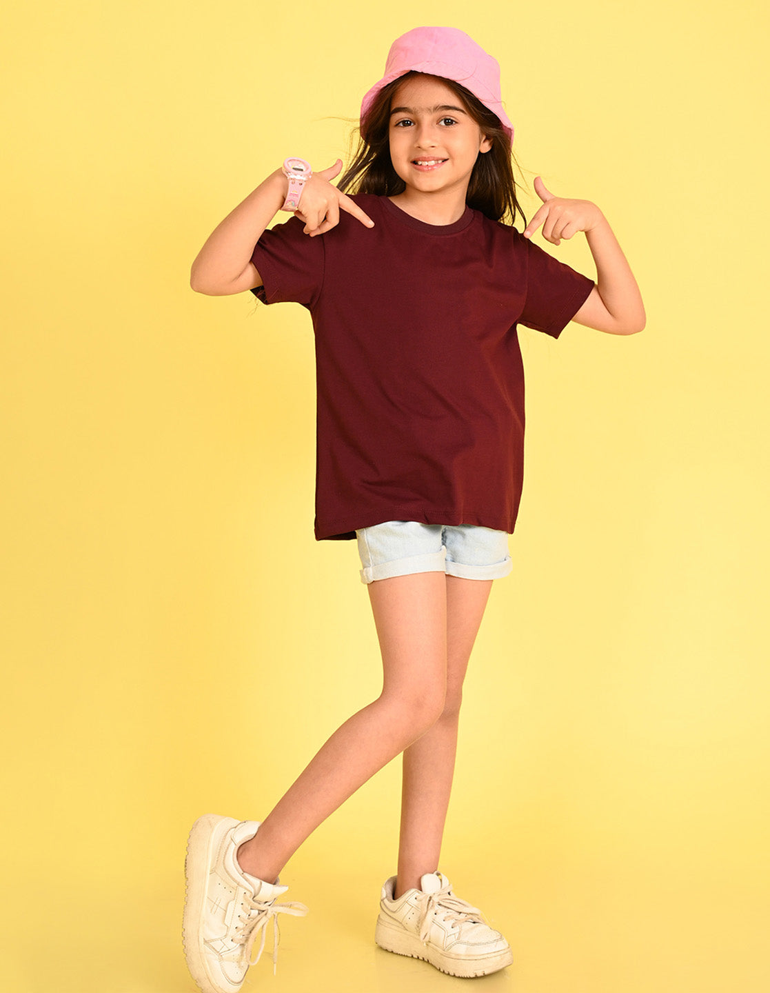 Nusyl Girl's Wine Smiley Face Printed Cotton blend Half Sleeve Drop Shoulder Oversized T-Shirt