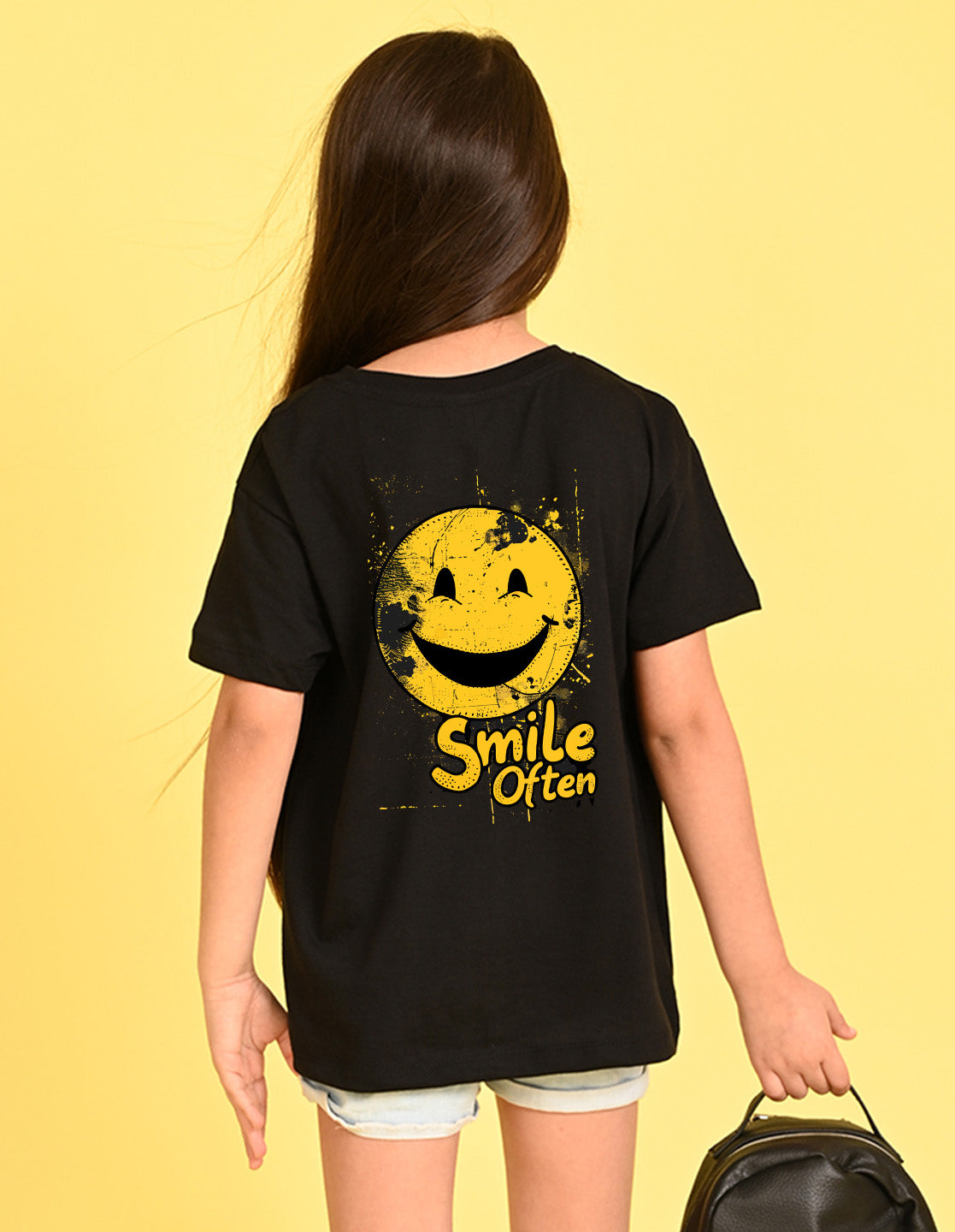 Nusyl Girl's Black Smiley Face Printed Cotton blend Half Sleeve Drop Shoulder Oversized T-Shirt