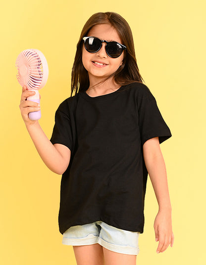 Nusyl Girl's Black Smiley Face Printed Cotton blend Half Sleeve Drop Shoulder Oversized T-Shirt