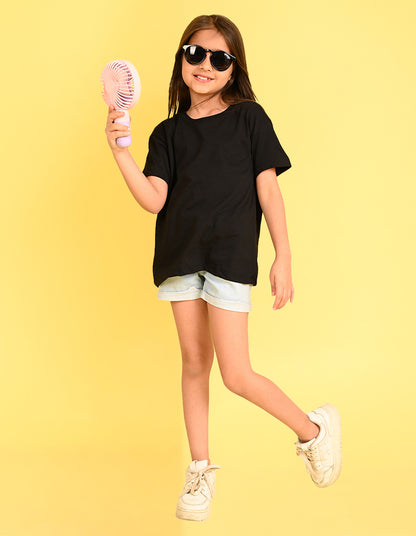 Nusyl Girl's Black Smiley Face Printed Cotton blend Half Sleeve Drop Shoulder Oversized T-Shirt