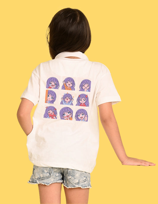 Nusyl Girl's White Chibi Anime Faces Printed Cotton blend Half Sleeve Drop Shoulder Oversized T-Shirt