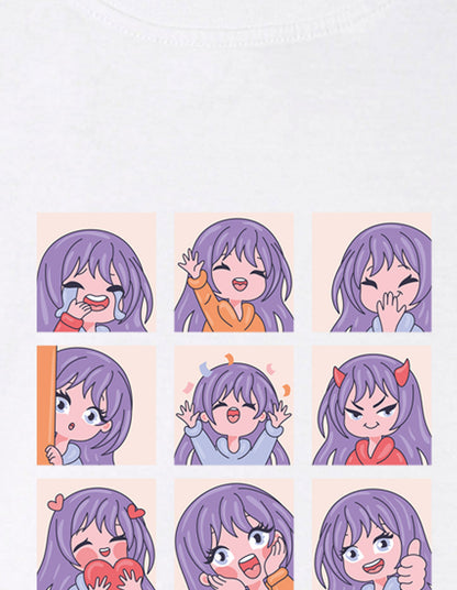Nusyl Girl's White Chibi Anime Faces Printed Cotton blend Half Sleeve Drop Shoulder Oversized T-Shirt