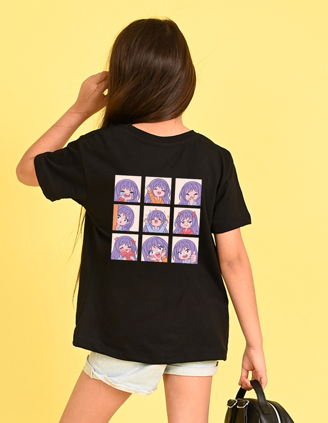 Nusyl Girl's Black Chibi Anime Faces Printed Cotton blend Half Sleeve Drop Shoulder Oversized T-Shirt