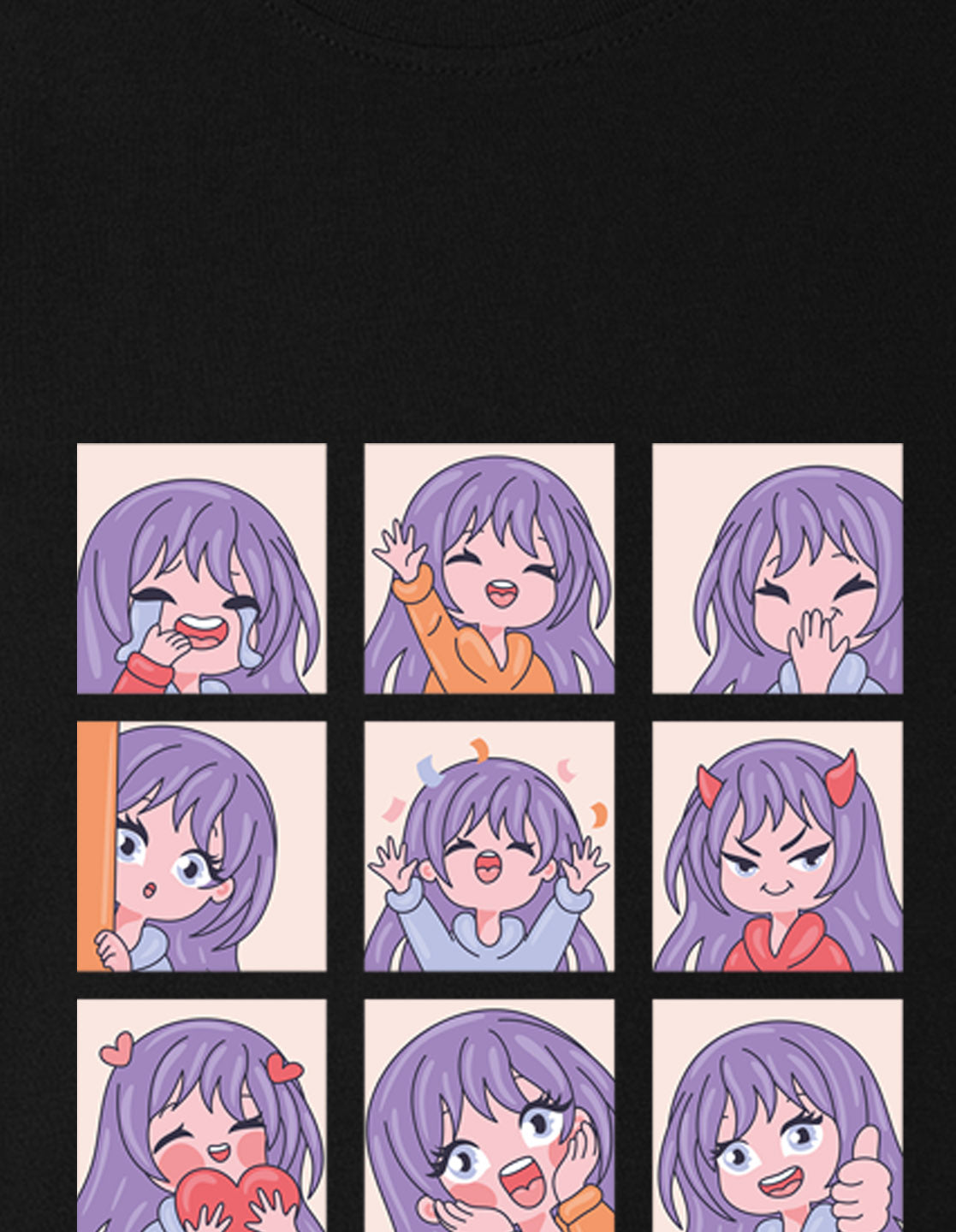 Nusyl Girl's Black Chibi Anime Faces Printed Cotton blend Half Sleeve Drop Shoulder Oversized T-Shirt