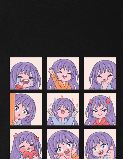 Nusyl Girl's Black Chibi Anime Faces Printed Cotton blend Half Sleeve Drop Shoulder Oversized T-Shirt