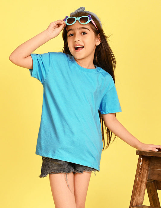 Nusyl Girl's Sky Blue Chibi Anime Faces Printed Cotton blend Half Sleeve Drop Shoulder Oversized T-Shirt