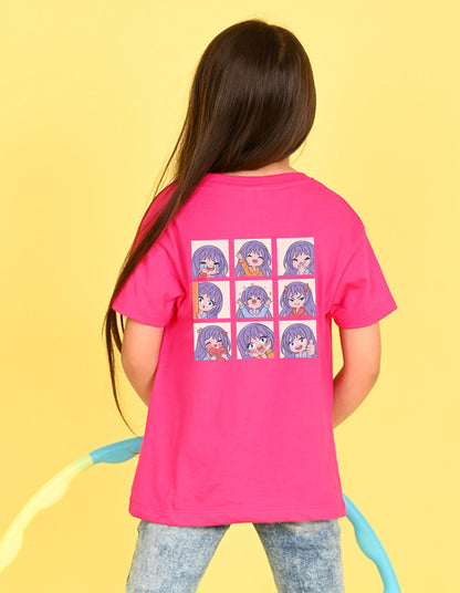 Nusyl Girl's Hot Pink Chibi Anime Faces Printed Cotton blend Half Sleeve Drop Shoulder Oversized T-Shirt