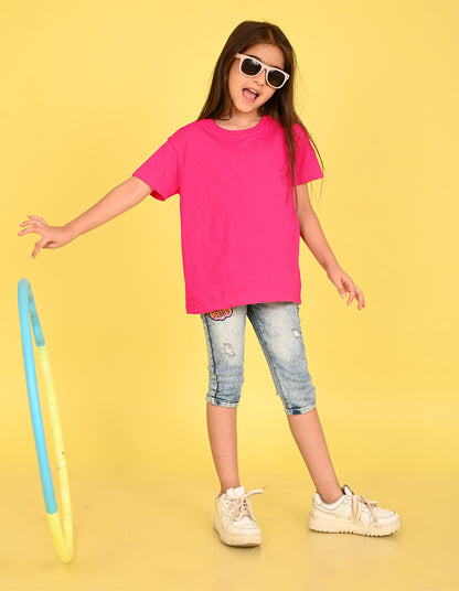 Nusyl Girl's Hot Pink Chibi Anime Faces Printed Cotton blend Half Sleeve Drop Shoulder Oversized T-Shirt