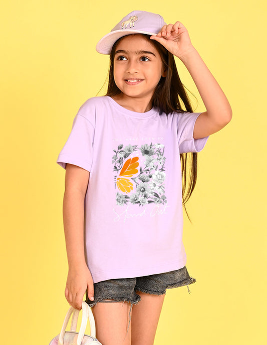 Nusyl Girl's Lilac Floral With Orange Flowers Printed Cotton blend Half Sleeve Drop Shoulder Oversized T-Shirt