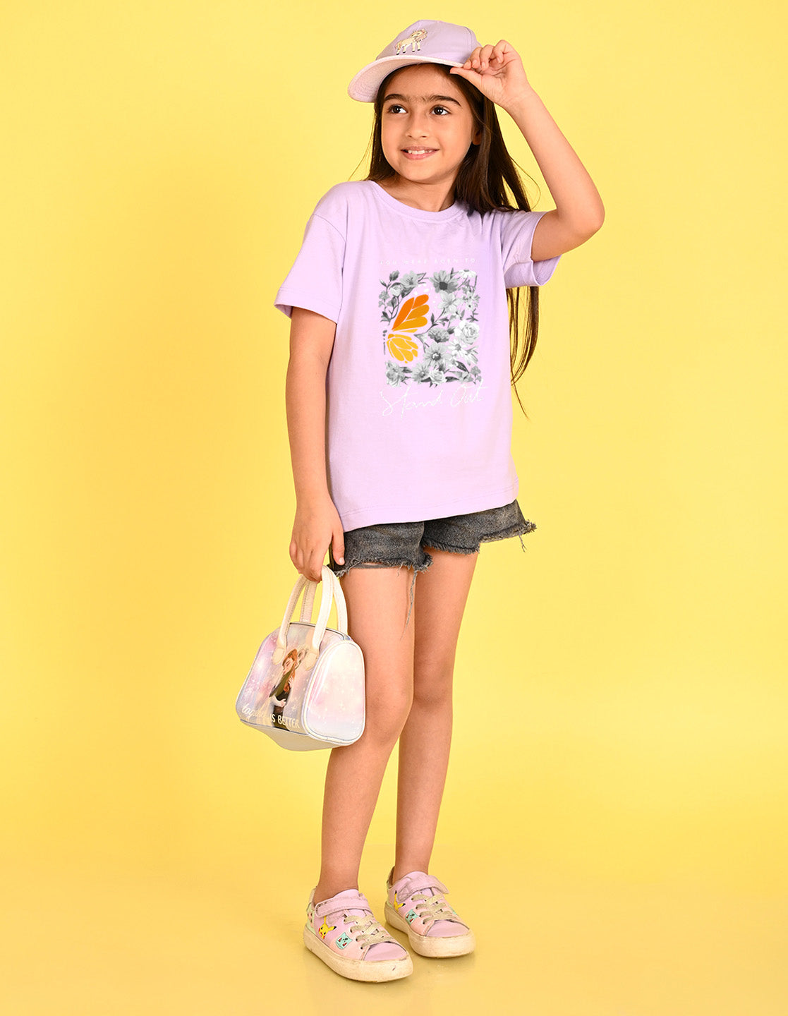 Nusyl Girl's Lilac Floral With Orange Flowers Printed Cotton blend Half Sleeve Drop Shoulder Oversized T-Shirt