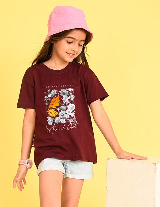 Nusyl Girl's Wine Floral With Orange Flowers Printed Cotton blend Half Sleeve Drop Shoulder Oversized T-Shirt