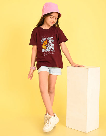 Nusyl Girl's Wine Floral With Orange Flowers Printed Cotton blend Half Sleeve Drop Shoulder Oversized T-Shirt