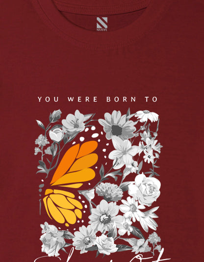 Nusyl Girl's Wine Floral With Orange Flowers Printed Cotton blend Half Sleeve Drop Shoulder Oversized T-Shirt