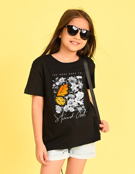 Nusyl Girl's Black Floral With Orange Flowers Printed Cotton blend Half Sleeve Drop Shoulder Oversized T-Shirt