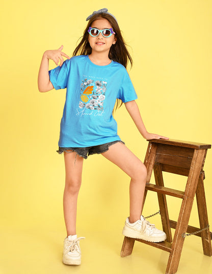 Nusyl Girl's Sky Blue Floral With Orange Flowers Printed Cotton blend Half Sleeve Drop Shoulder Oversized T-Shirt