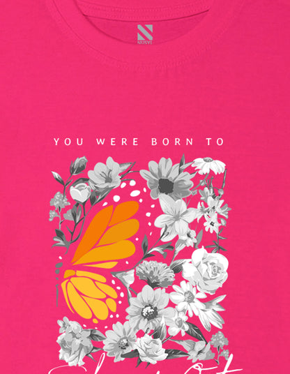 Nusyl Girl's Hot Pink Floral With Orange Flowers Printed Cotton blend Half Sleeve Drop Shoulder Oversized T-Shirt