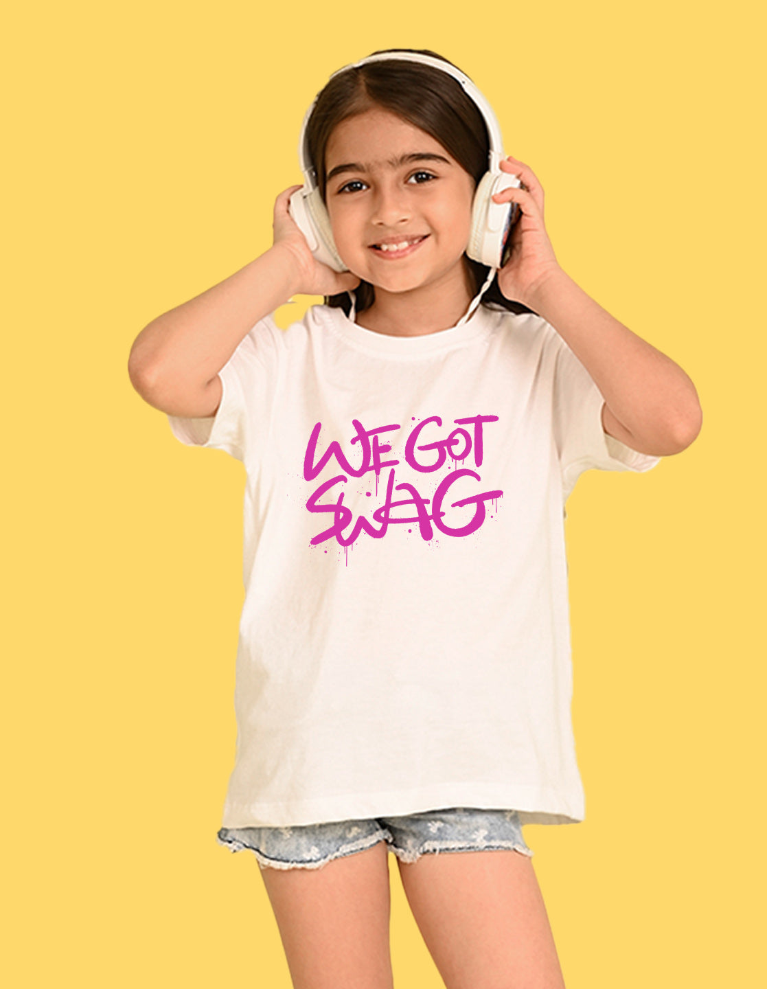 Nusyl Girl's White We Got Swag Text Printed Cotton blend Half Sleeve Drop Shoulder Oversized T-Shirt