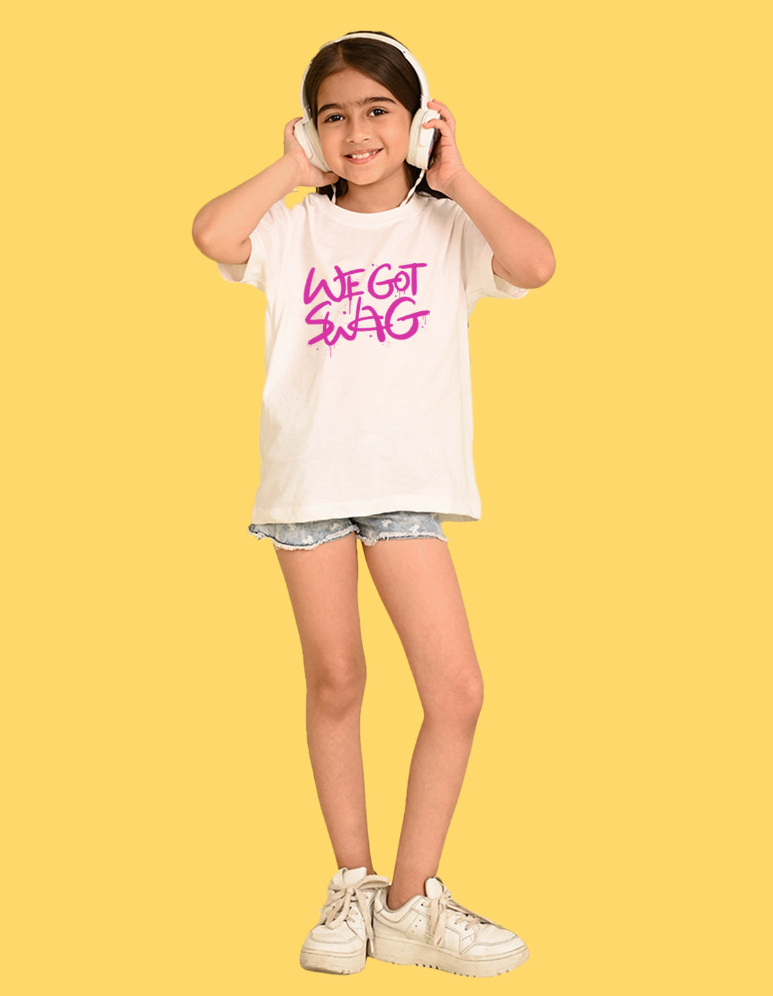 Nusyl Girl's White We Got Swag Text Printed Cotton blend Half Sleeve Drop Shoulder Oversized T-Shirt