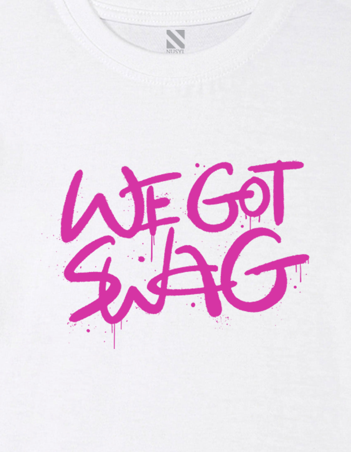 Nusyl Girl's White We Got Swag Text Printed Cotton blend Half Sleeve Drop Shoulder Oversized T-Shirt