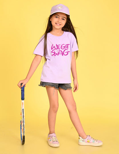 Nusyl Girl's Lilac We Got Swag Text Printed Cotton blend Half Sleeve Drop Shoulder Oversized T-Shirt
