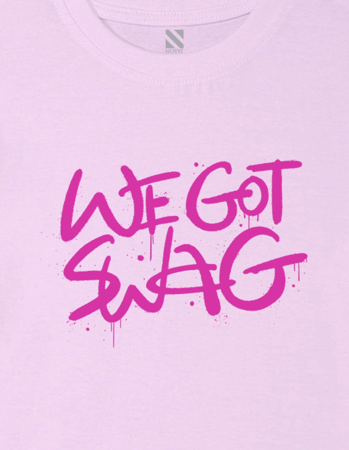 Nusyl Girl's Lilac We Got Swag Text Printed Cotton blend Half Sleeve Drop Shoulder Oversized T-Shirt