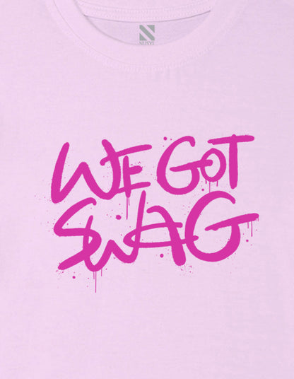 Nusyl Girl's Lilac We Got Swag Text Printed Cotton blend Half Sleeve Drop Shoulder Oversized T-Shirt
