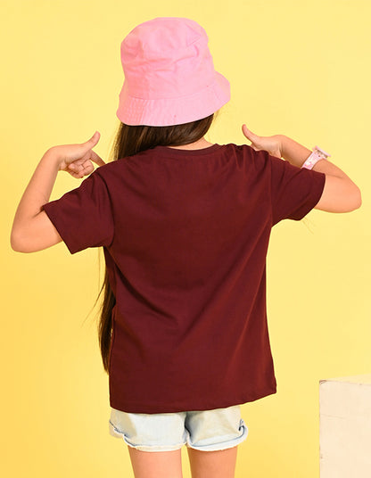 Nusyl Girl's Wine We Got Swag Text Printed Cotton blend Half Sleeve Drop Shoulder Oversized T-Shirt