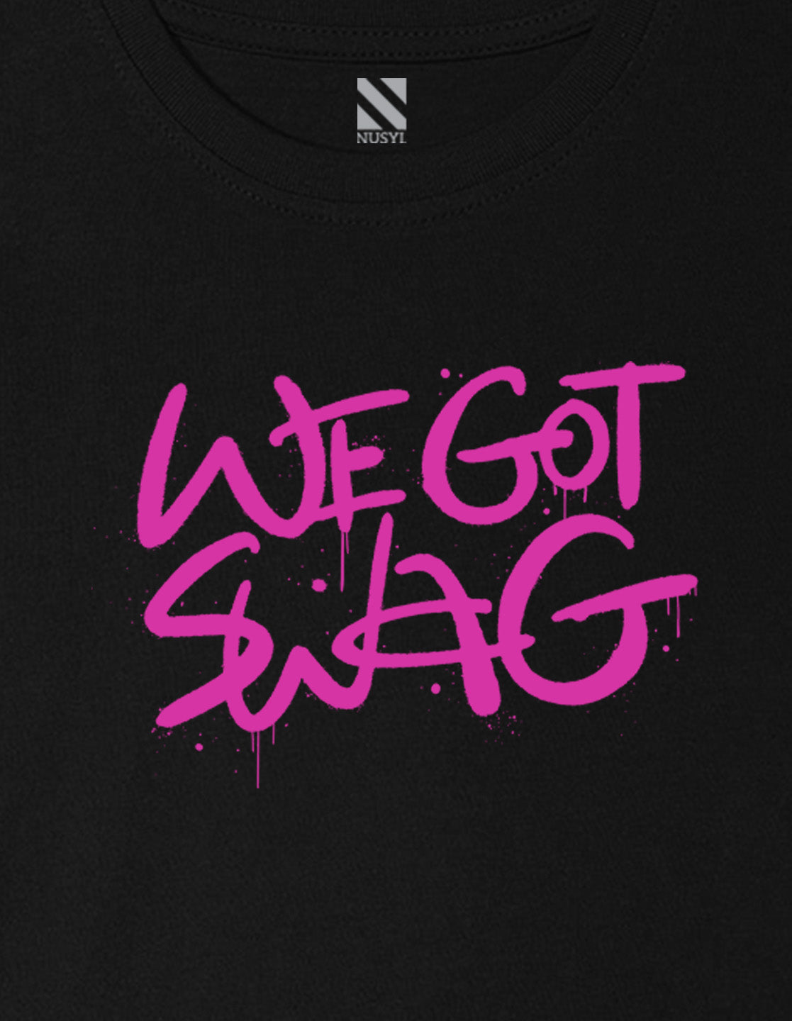 Nusyl Girl's Black We Got Swag Text Printed Cotton blend Half Sleeve Drop Shoulder Oversized T-Shirt
