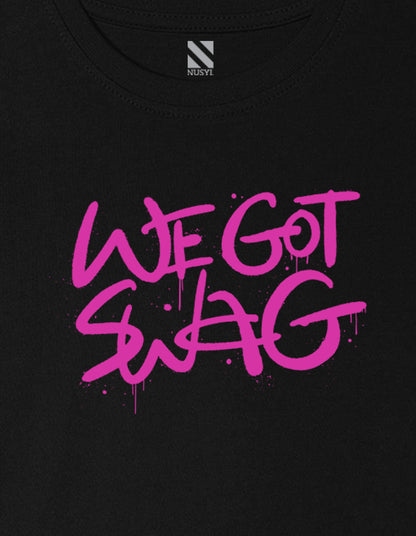 Nusyl Girl's Black We Got Swag Text Printed Cotton blend Half Sleeve Drop Shoulder Oversized T-Shirt