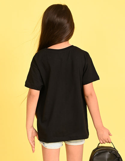 Nusyl Girl's Black We Got Swag Text Printed Cotton blend Half Sleeve Drop Shoulder Oversized T-Shirt