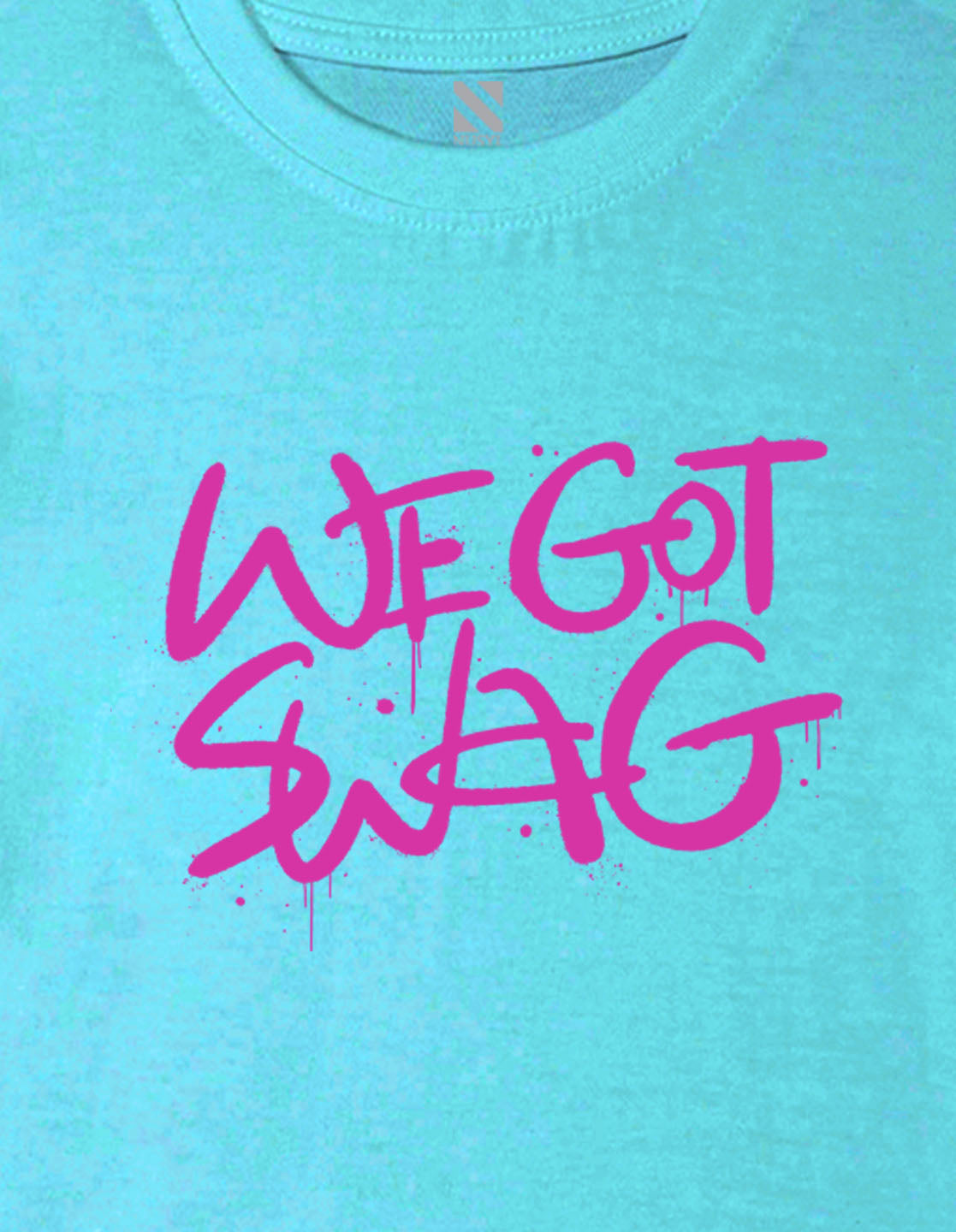 Nusyl Girl's Sky Blue We Got Swag Text Printed Cotton blend Half Sleeve Drop Shoulder Oversized T-Shirt