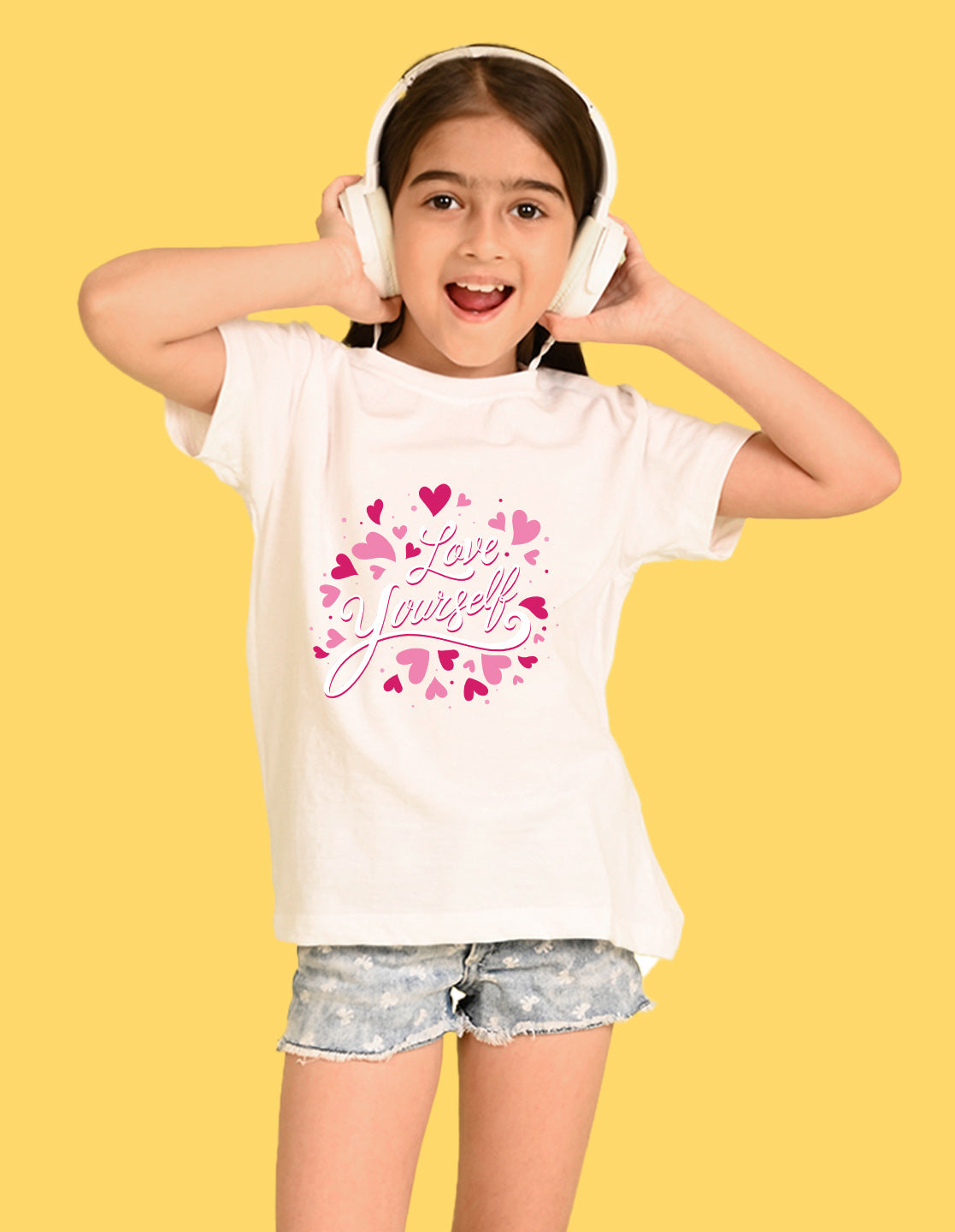 Nusyl Girl's White Love Yourself Text Printed Cotton blend Half Sleeve Drop Shoulder Oversized T-Shirt