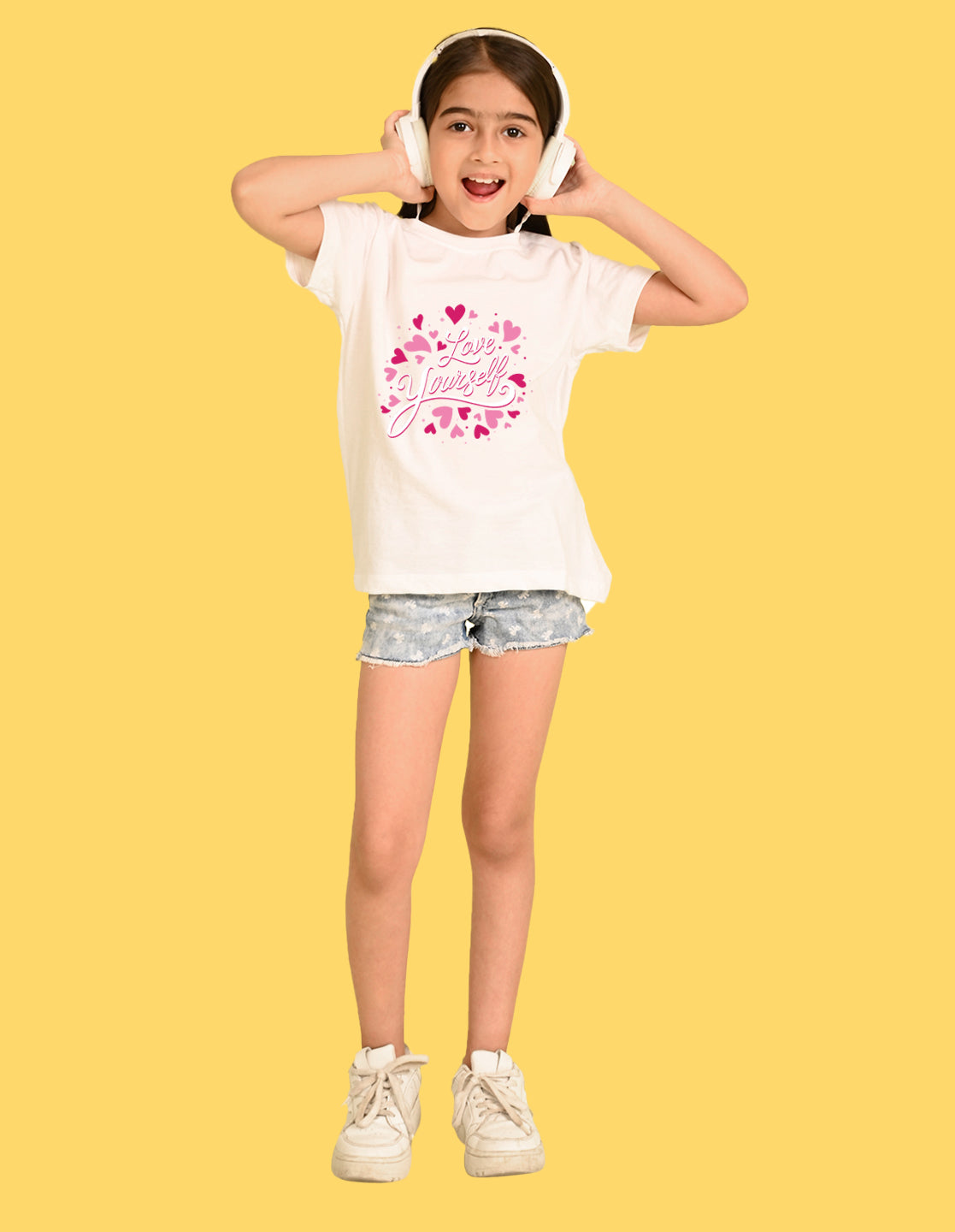 Nusyl Girl's White Love Yourself Text Printed Cotton blend Half Sleeve Drop Shoulder Oversized T-Shirt