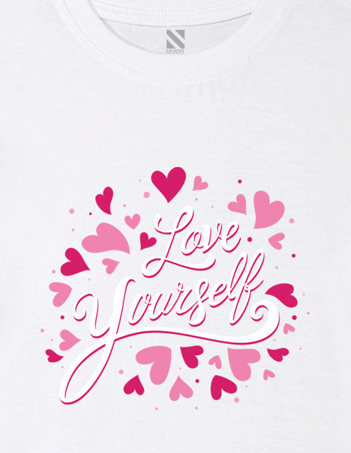 Nusyl Girl's White Love Yourself Text Printed Cotton blend Half Sleeve Drop Shoulder Oversized T-Shirt
