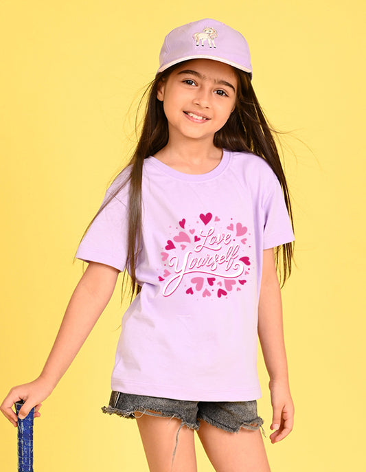 Nusyl Girl's Lilac Love Yourself Text Printed Cotton blend Half Sleeve Drop Shoulder Oversized T-Shirt
