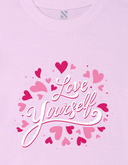 Nusyl Girl's Lilac Love Yourself Text Printed Cotton blend Half Sleeve Drop Shoulder Oversized T-Shirt
