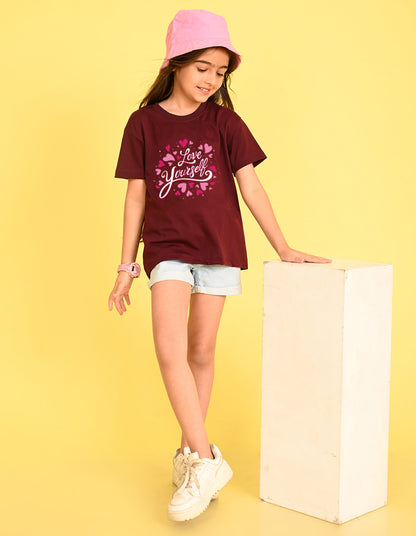 Nusyl Girl's Wine Love Yourself Text Printed Cotton blend Half Sleeve Drop Shoulder Oversized T-Shirt