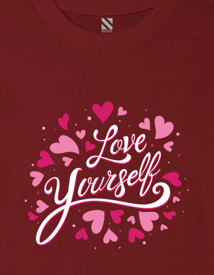 Nusyl Girl's Wine Love Yourself Text Printed Cotton blend Half Sleeve Drop Shoulder Oversized T-Shirt