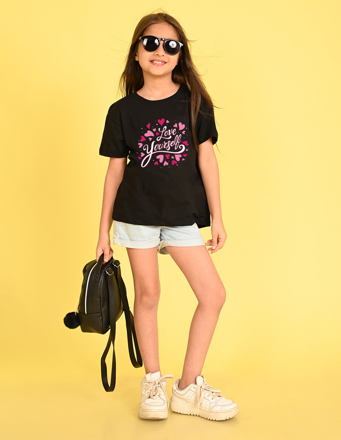 Nusyl Girl's Black Love Yourself Text Printed Cotton blend Half Sleeve Drop Shoulder Oversized T-Shirt