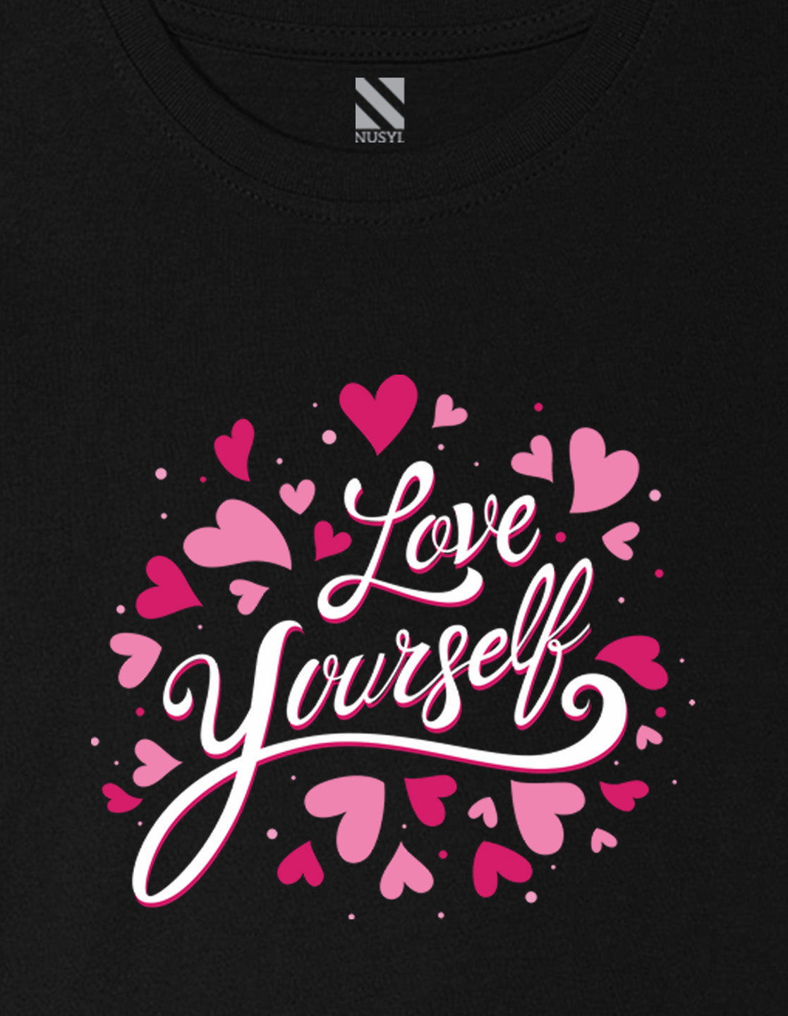 Nusyl Girl's Black Love Yourself Text Printed Cotton blend Half Sleeve Drop Shoulder Oversized T-Shirt