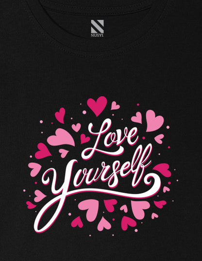 Nusyl Girl's Black Love Yourself Text Printed Cotton blend Half Sleeve Drop Shoulder Oversized T-Shirt