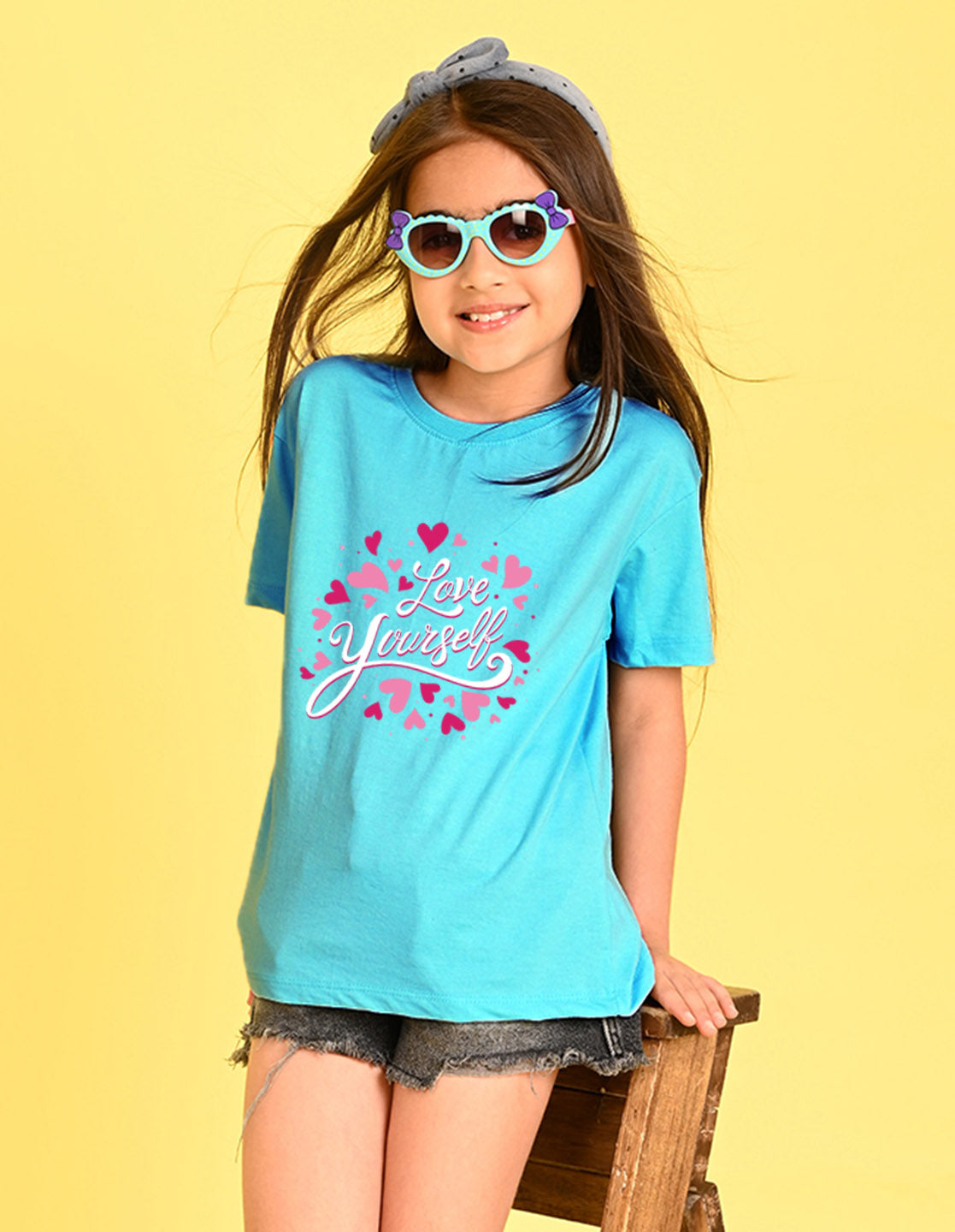 Nusyl Girl's Sky Blue Love Yourself Text Printed Cotton blend Half Sleeve Drop Shoulder Oversized T-Shirt