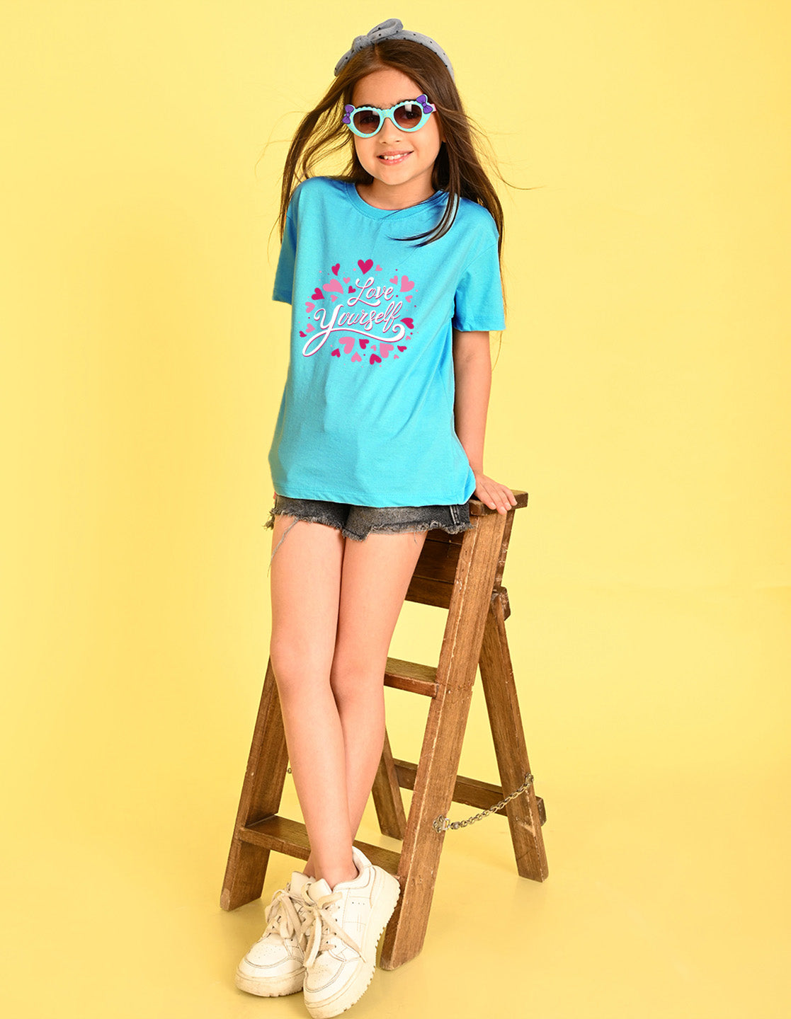 Nusyl Girl's Sky Blue Love Yourself Text Printed Cotton blend Half Sleeve Drop Shoulder Oversized T-Shirt