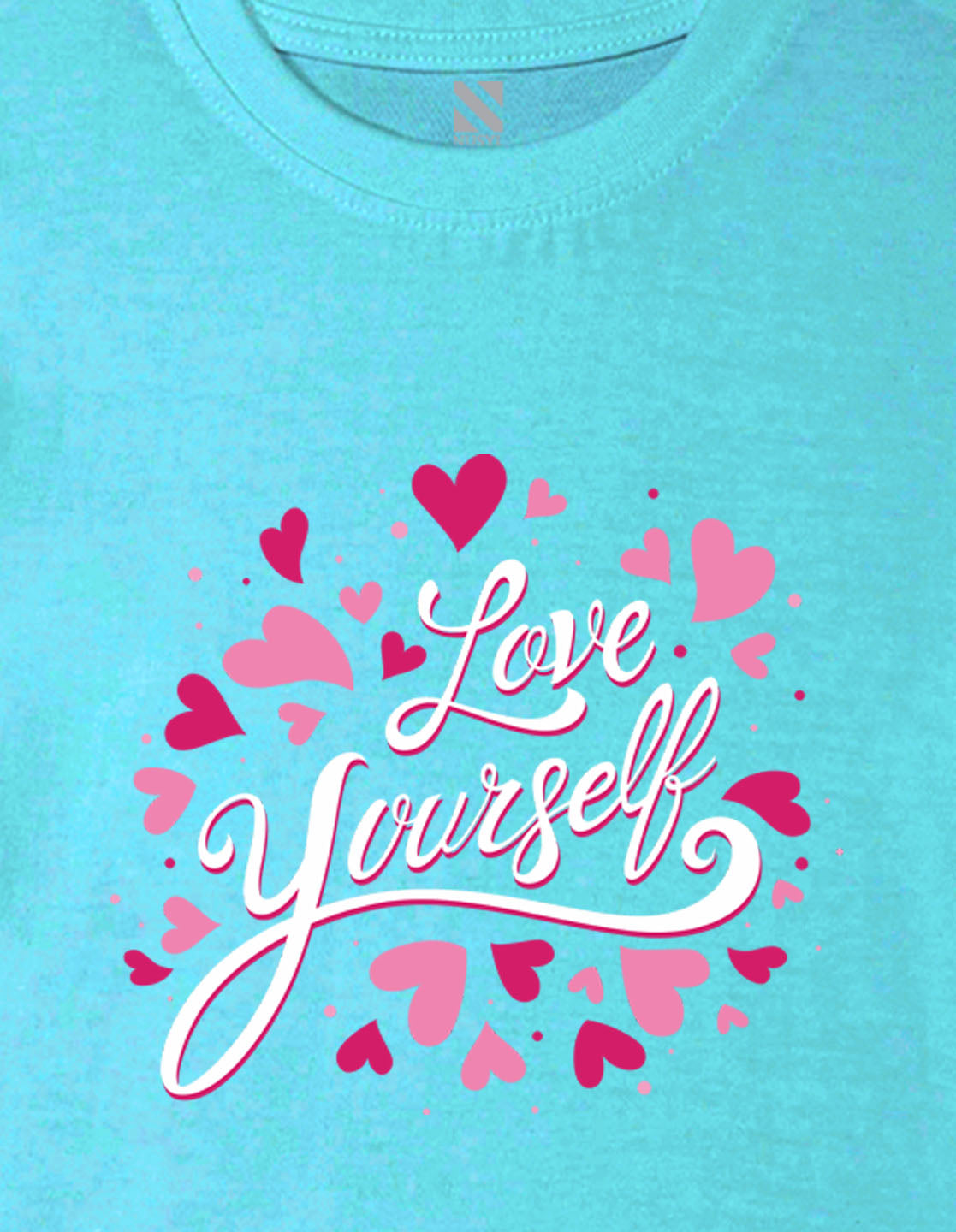 Nusyl Girl's Sky Blue Love Yourself Text Printed Cotton blend Half Sleeve Drop Shoulder Oversized T-Shirt